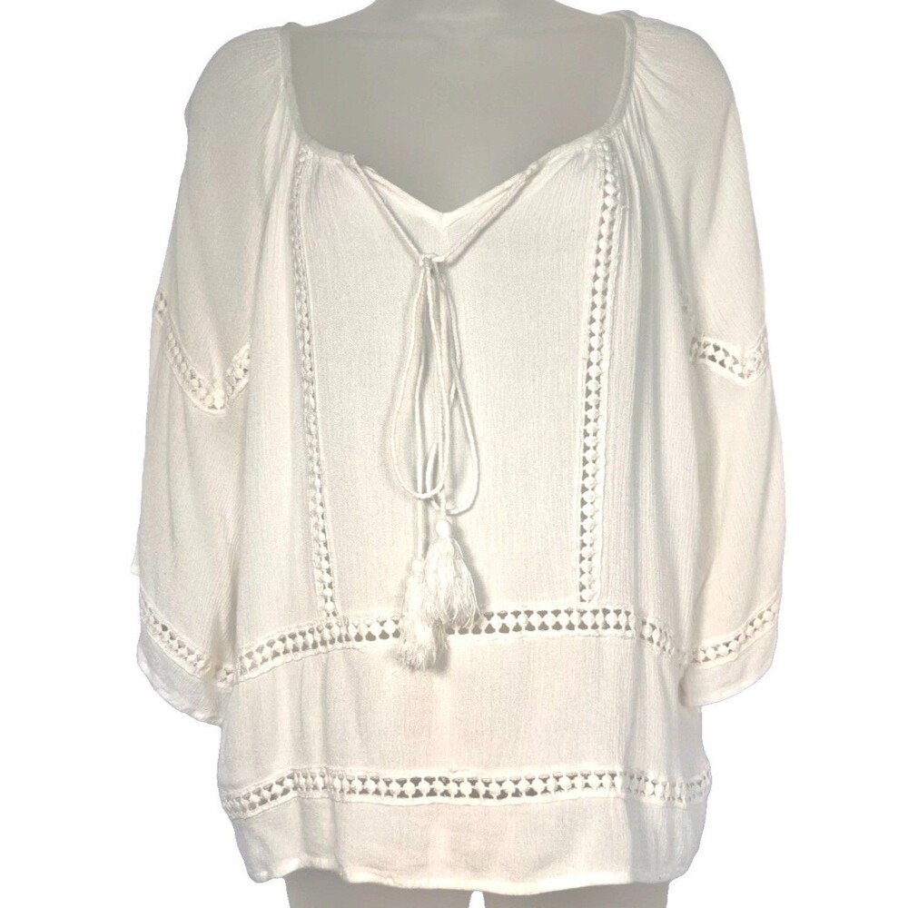 White Boho Peasant Top M Crochet Lace Tassel Tie Cottagecore Festival Rue JuJu